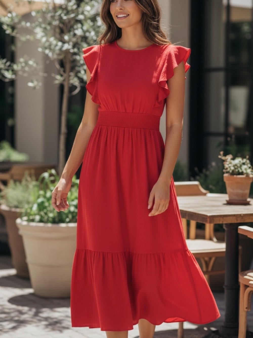 For Cynthia Coral Red Linen Blend Flutter Sleeve Tiered Maxi Dress Size S